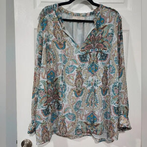 LOFT Plus Multicolored Paisley Print Long Sleeve Tie Neck Blouse in Size 22